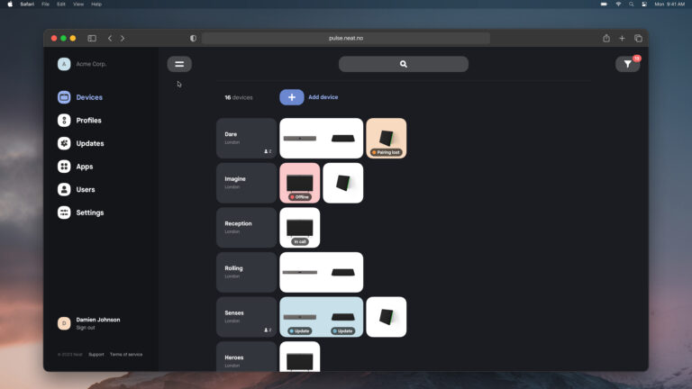 Neat Pulse 提供集中管理平台,让 IT 团队轻松注册设备、配置房间,并统一管理所有部署中的会议体验。